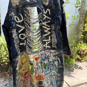 Distressed Denim Jacket with Colorful Art